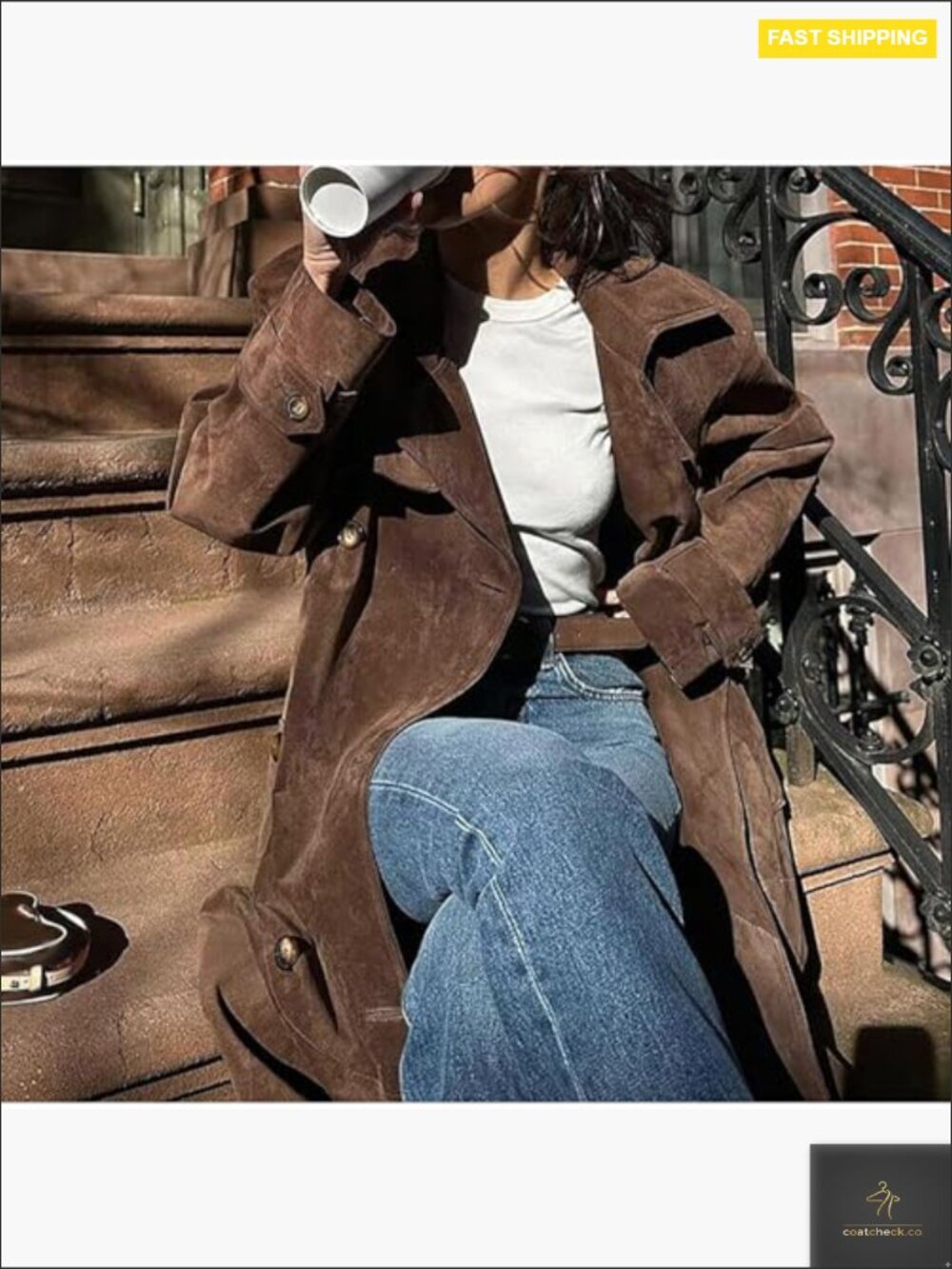 Faux Suede Double Breasted Long Trench Coat Notched Lapel Belted Overcoat - Picture 5 of 7